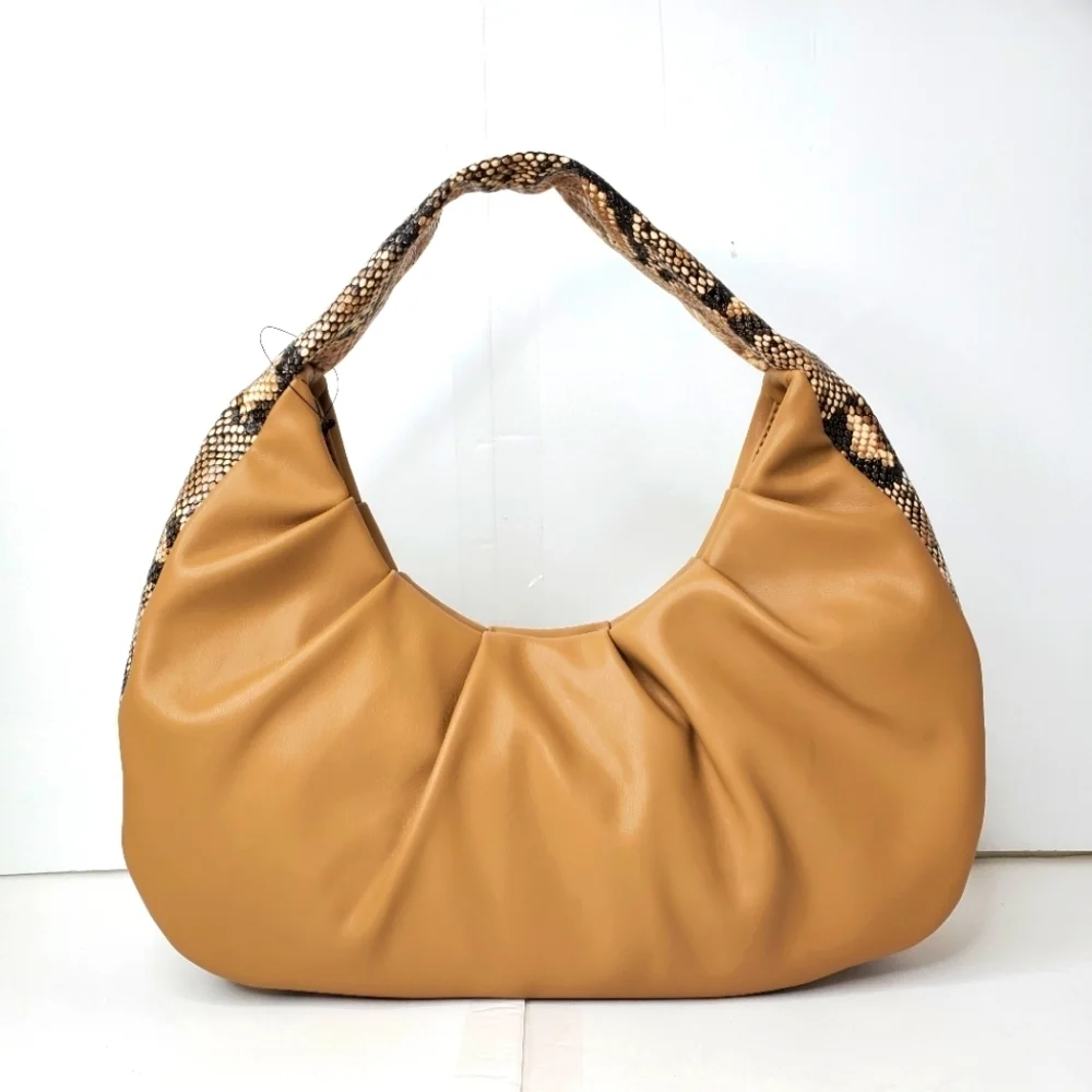 INC International Concepts  Women's Camel Leather Snake Trim Hobo Purse